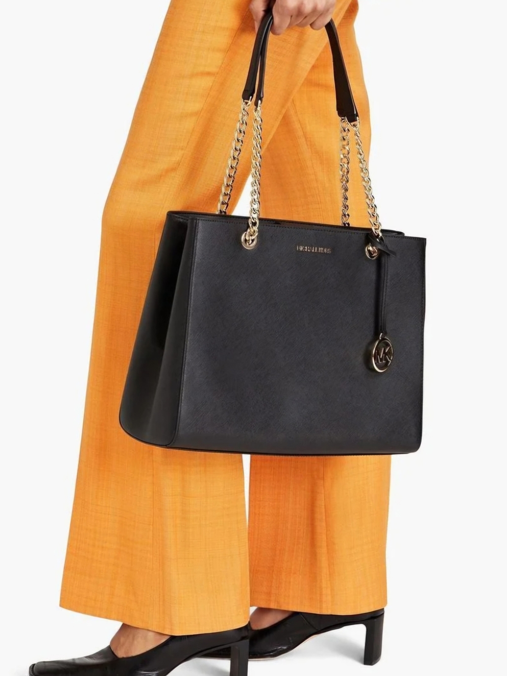 Michael Kors Susannah Large Saffiano Leather Chain Tote Bag - Black/Gold